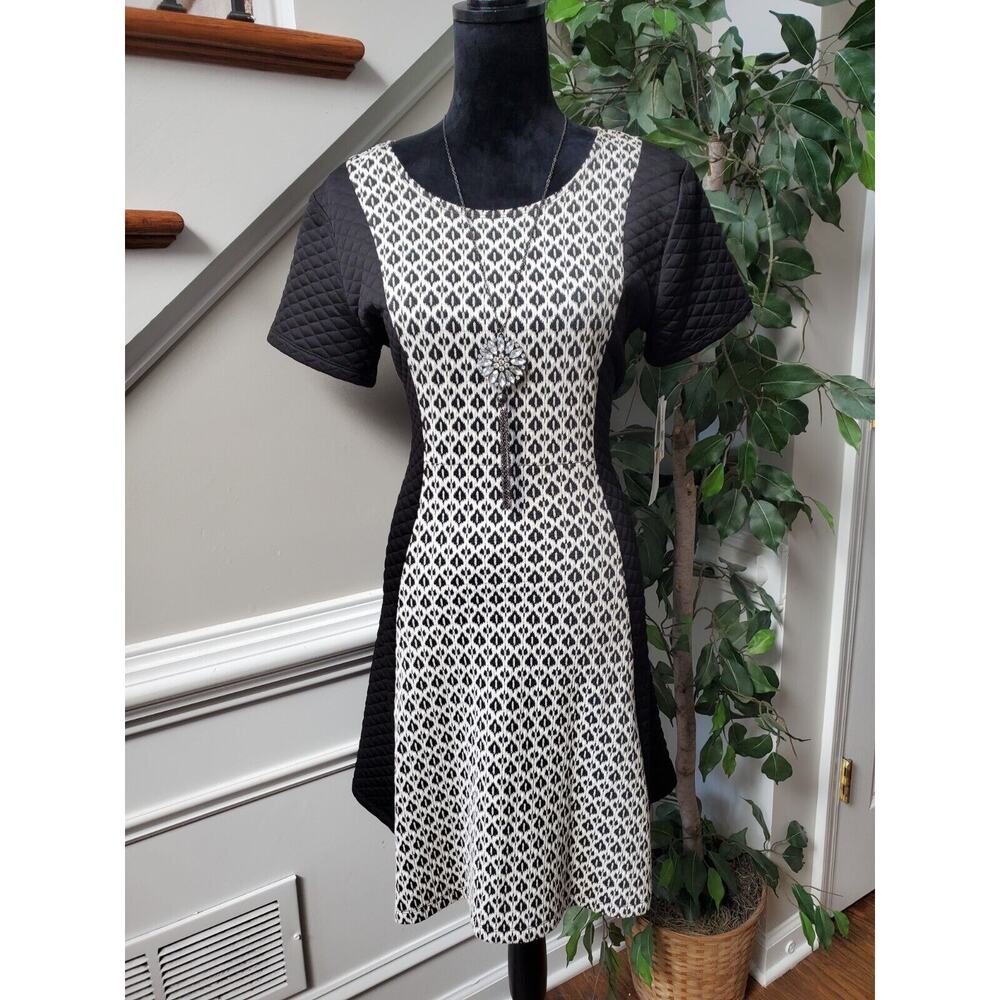 Nina Leonard Women's Black & White Round Neck Short Sleeve Knee Length Dress L